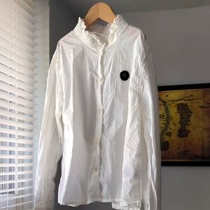 White Button-Up Shirt with Black Beaded Floral